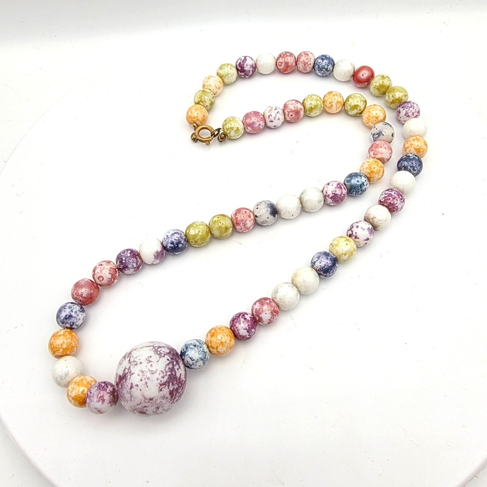 Czech Colorful Pastel Glass Speckled Picasso Finish Beaded 22" Vintage Necklace